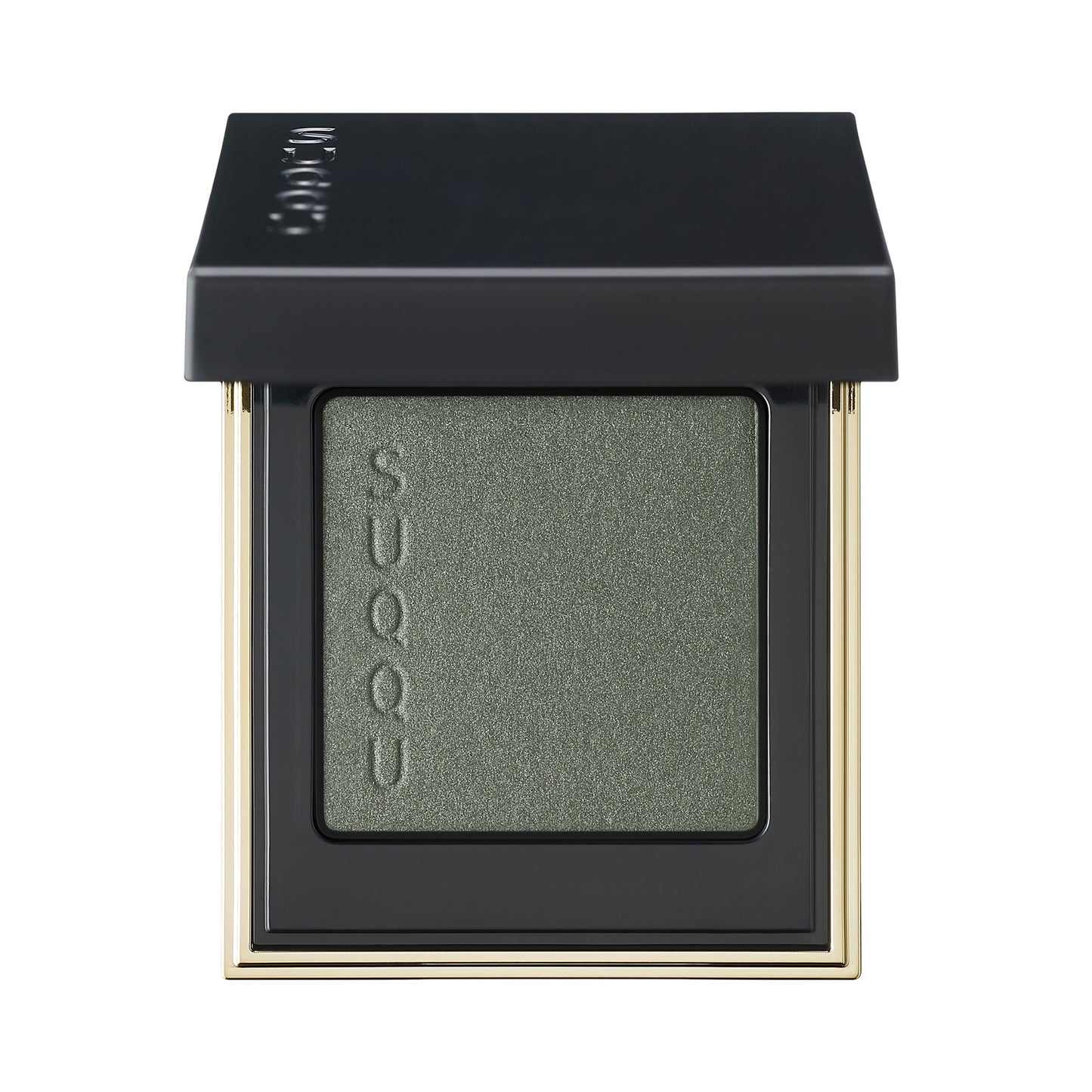 SUQQU Tone Touch Eyes 04 smoky green single eyeshadow make up palette product with lid open on plain background.