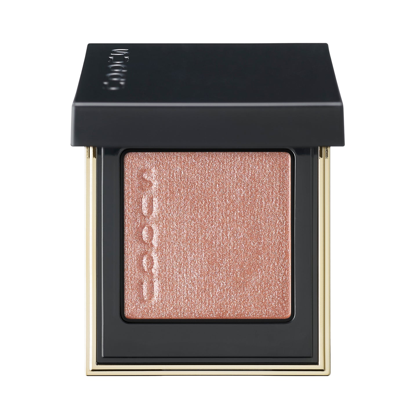 SUQQU Tone Touch Eyes 05 metallic coral pink single eyeshadow make up palette product with lid open on plain background.
