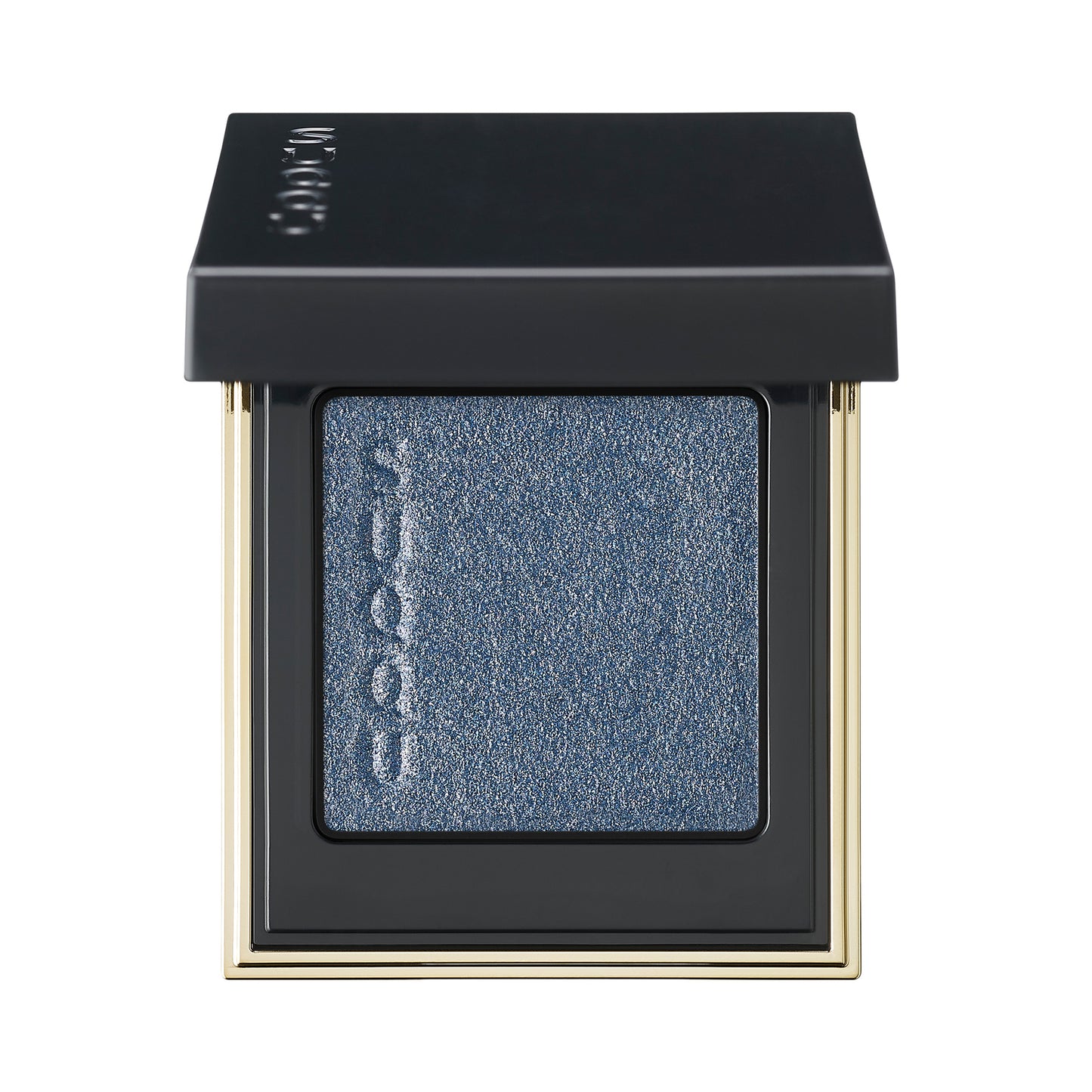 SUQQU Tone Touch Eyes 08 sparkling dusty blue single eyeshadow make up palette product with lid open on plain background.
