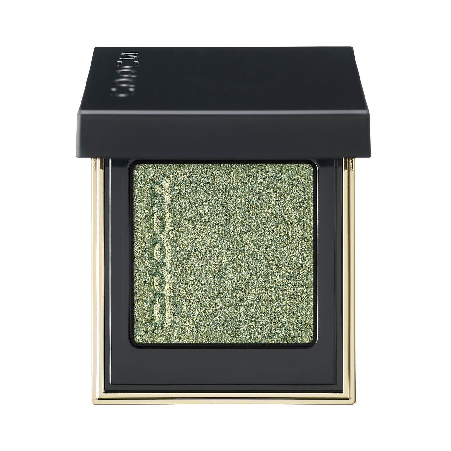 SUQQU Tone Touch Eyes 09 green gold single eyeshadow make up palette product with lid open on plain background.