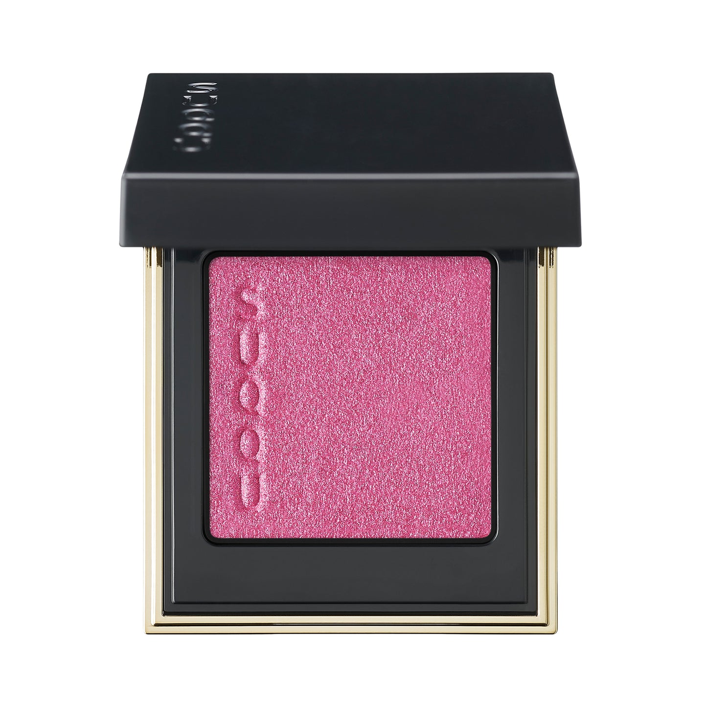 SUQQU Tone Touch Eyes 10 bright pink single eyeshadow make up palette product with lid open on plain background.