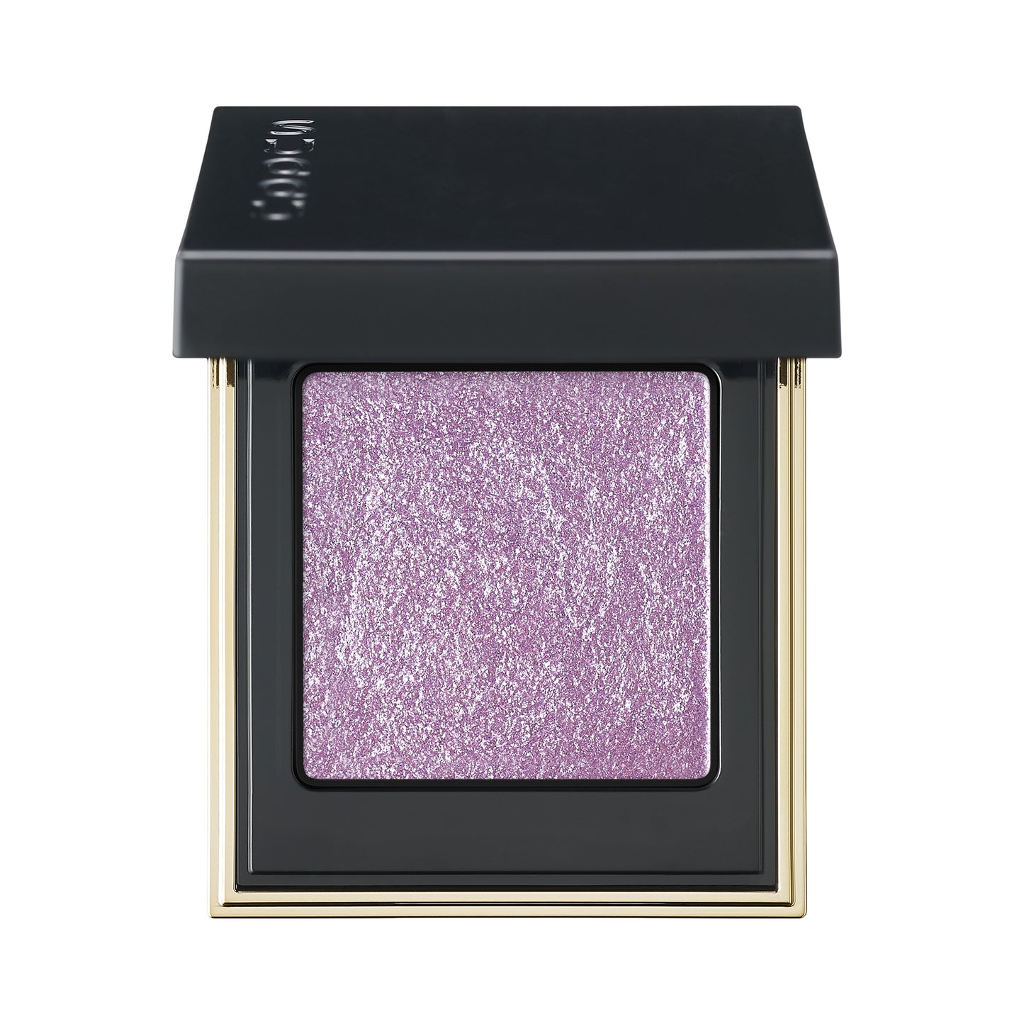 SUQQU Tone Touch Eyes 13 purple shimmer single eyeshadow make up palette product with lid open on plain background.