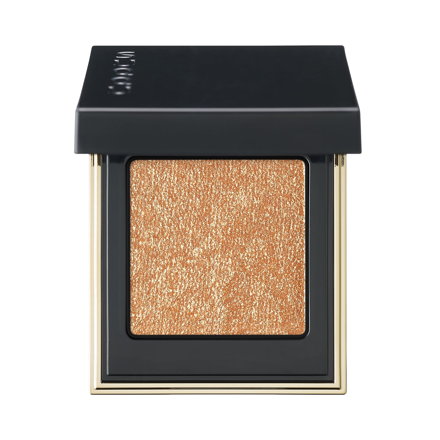 SUQQU Tone Touch Eyes 14 gold orange shimmer single eyeshadow make up palette product with lid open on plain background.