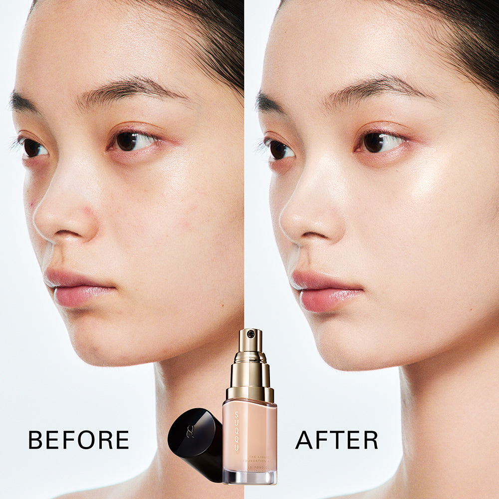 SUQQU The Liquid Foundation e side by side model portraits of before and after application to show beautiful high-quality of the flawless foundation finish.