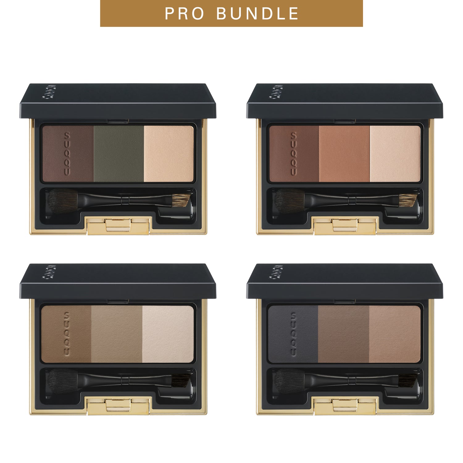 Four SUQQU eyebrow colour palettes open on white background