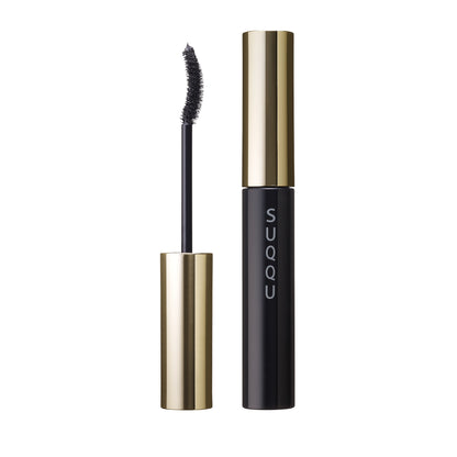 SUQQU 3D Eyelash Mascara black product for longer lashes closed and open with wand on plain background