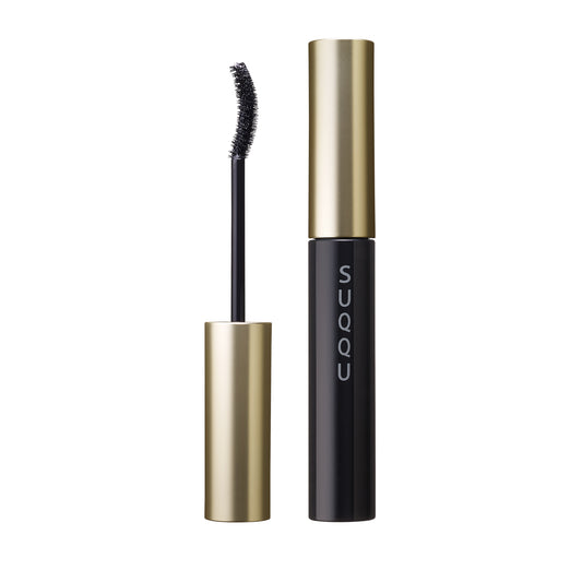 SUQQU 3D Eyelash Mascara Waterproof black product for long full lashes closed and open with wand on plain background