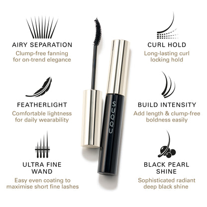 SUQQU Mascara product. Airy Separation: Clump-free fanning for on-trend elegance. Featherlight: Comfortable lightness for daily wearability. Ultra Fine Wand: Easy even coating to maximise short fine lashes. Curl Hold: Long-lasting curl locking hold. Build Intensity: Add length & clump-free boldness easily. Black Pearl Shine: Sophisticated radiant deep black shine.