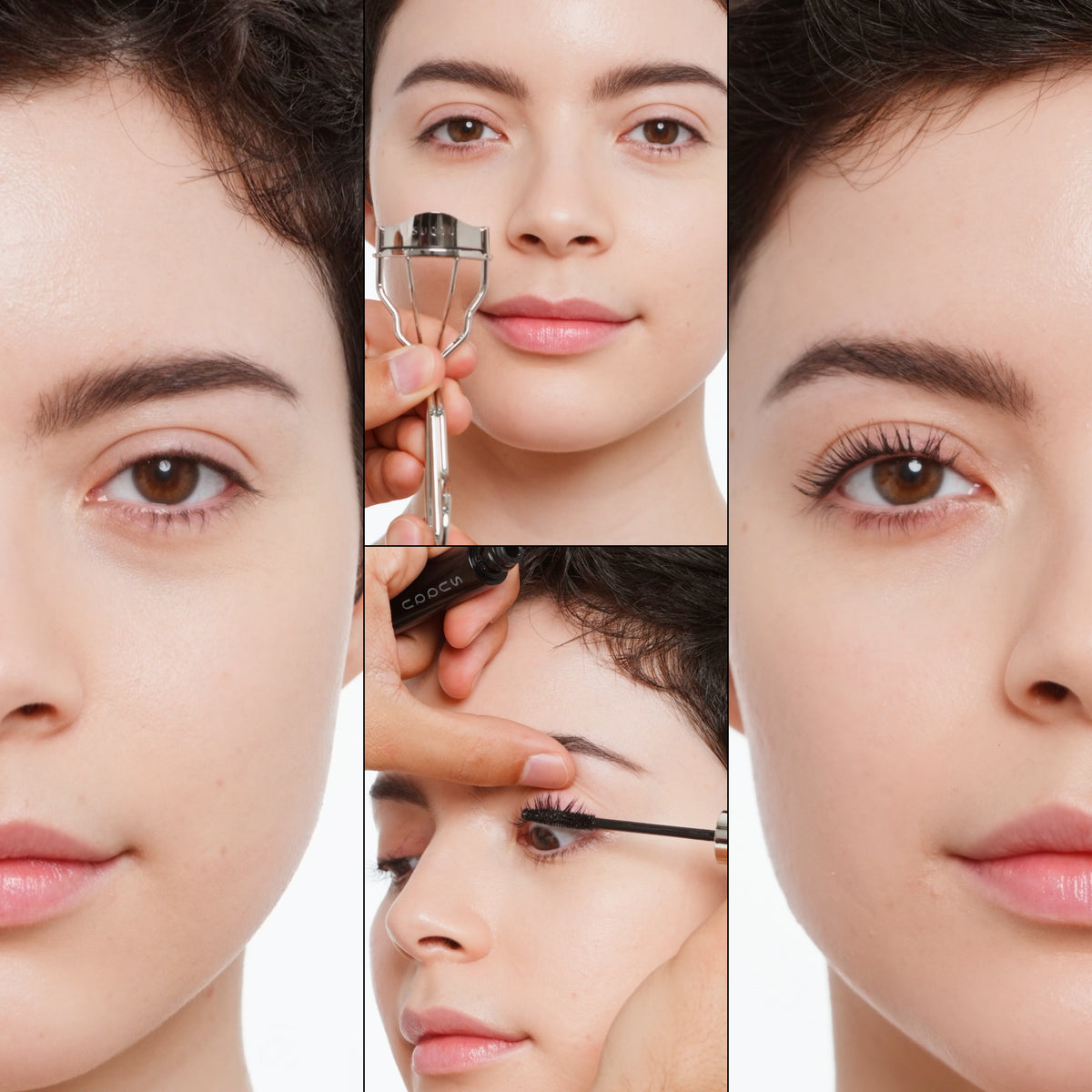 A four-panel close-up model collage demonstrating eyelash makeup application. Including step 1 with SUQQU Eyelash curler to lift and curl lashes. Step 2 with SUQQU 3D Mascara to lengthen and add fanned out airy thickness on a white background.