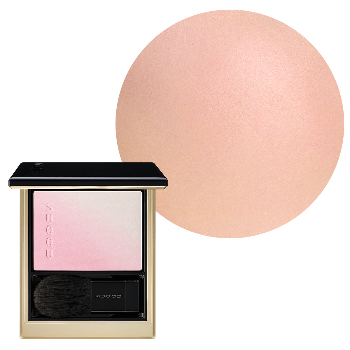 SUQQU Blurring Color Blush 10 beautiful pale pink cheek blusher and highlighter palette open. Shown with model wear cheek close up.