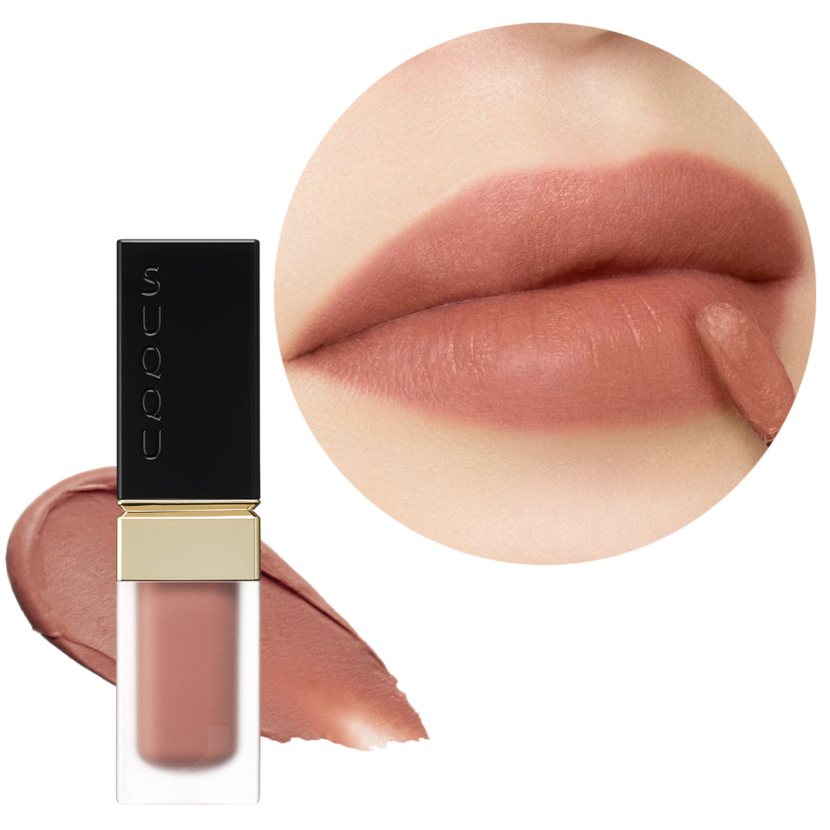 SUQQU Blur Liquid Lip 02 lipstick product with colour swatch and model lip focus.