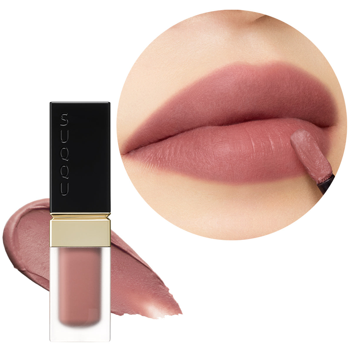 SUQQU Blur Liquid Lip 03 lipstick product with colour swatch and model lip focus.