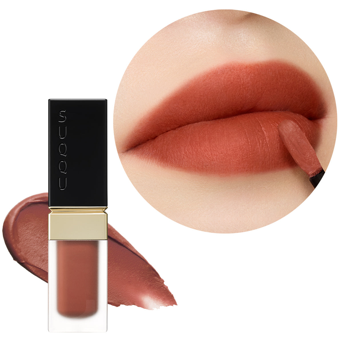 SUQQU Blur Liquid Lip 05 lipstick product with colour swatch and model lip focus.