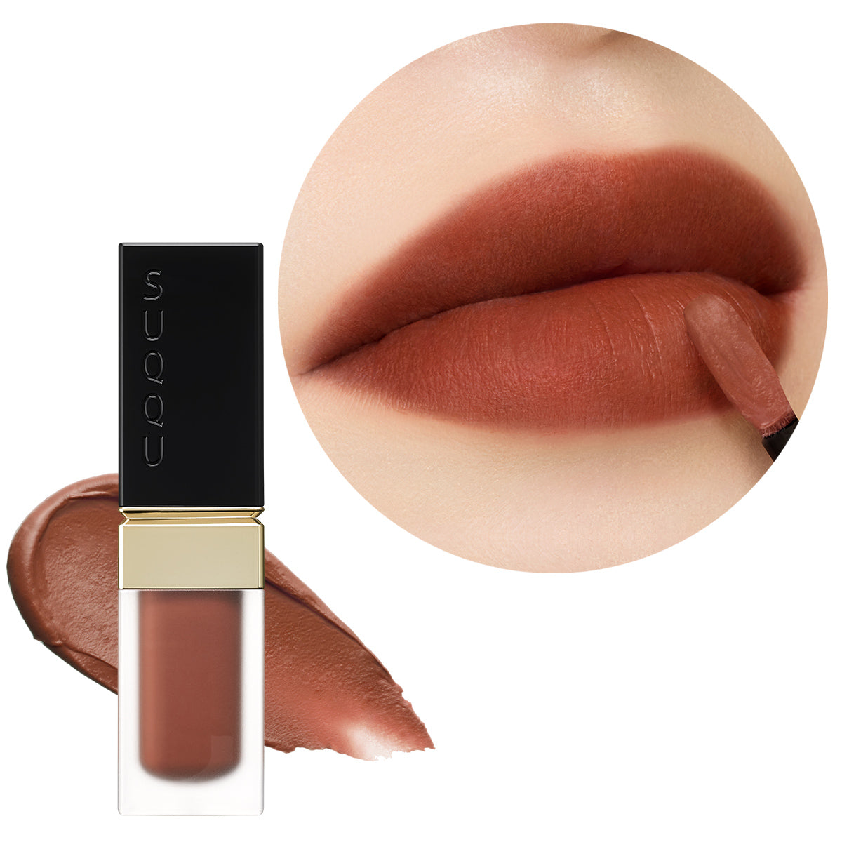 SUQQU Blur Liquid Lip 06 lipstick product with colour swatch and model lip focus.