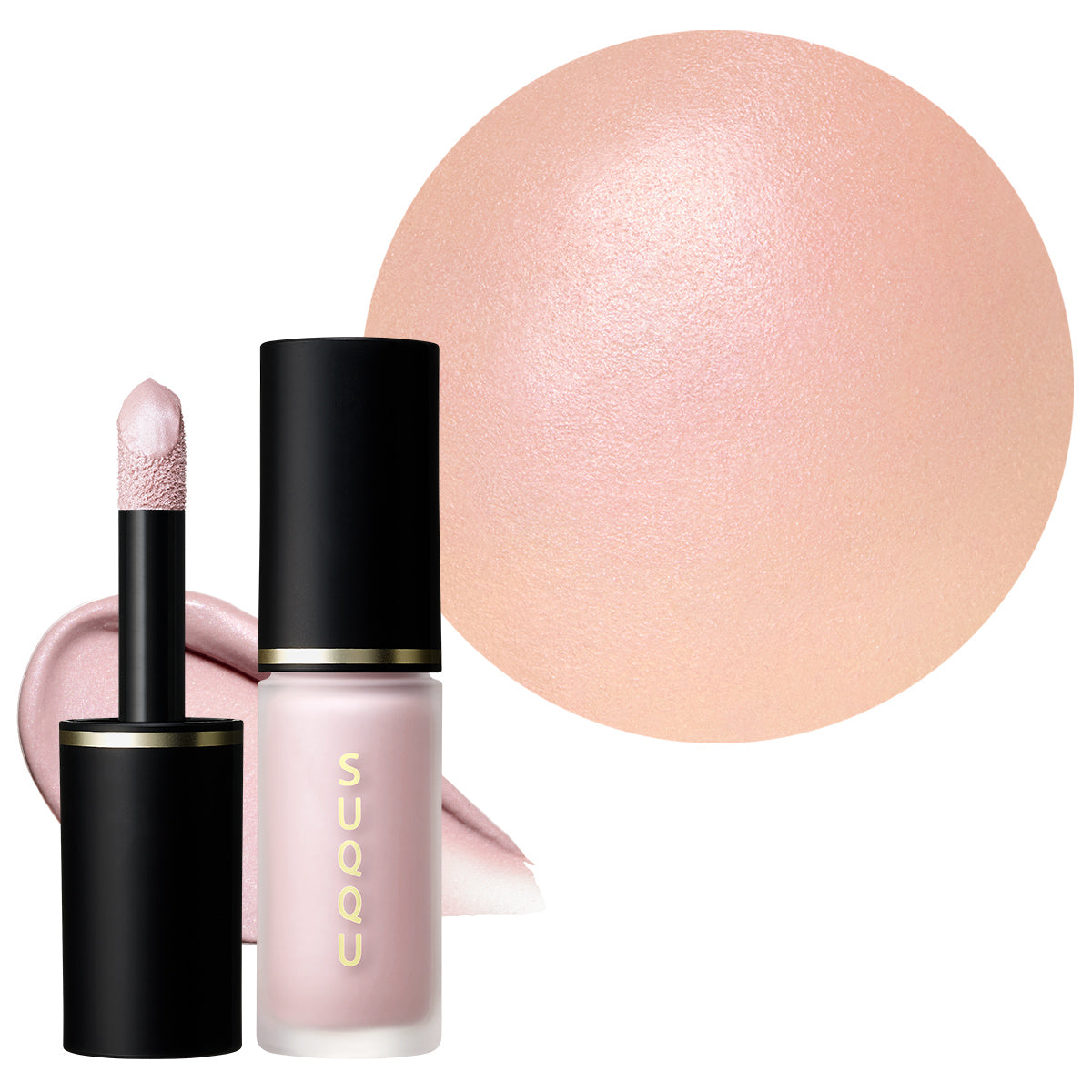 SUQQU Complexion Face Color 06 beautiful pale pink liquid cheek blusher tube with cap off and applicator wand displayed. Shown with colour swatch texture and model wear cheek close up. 