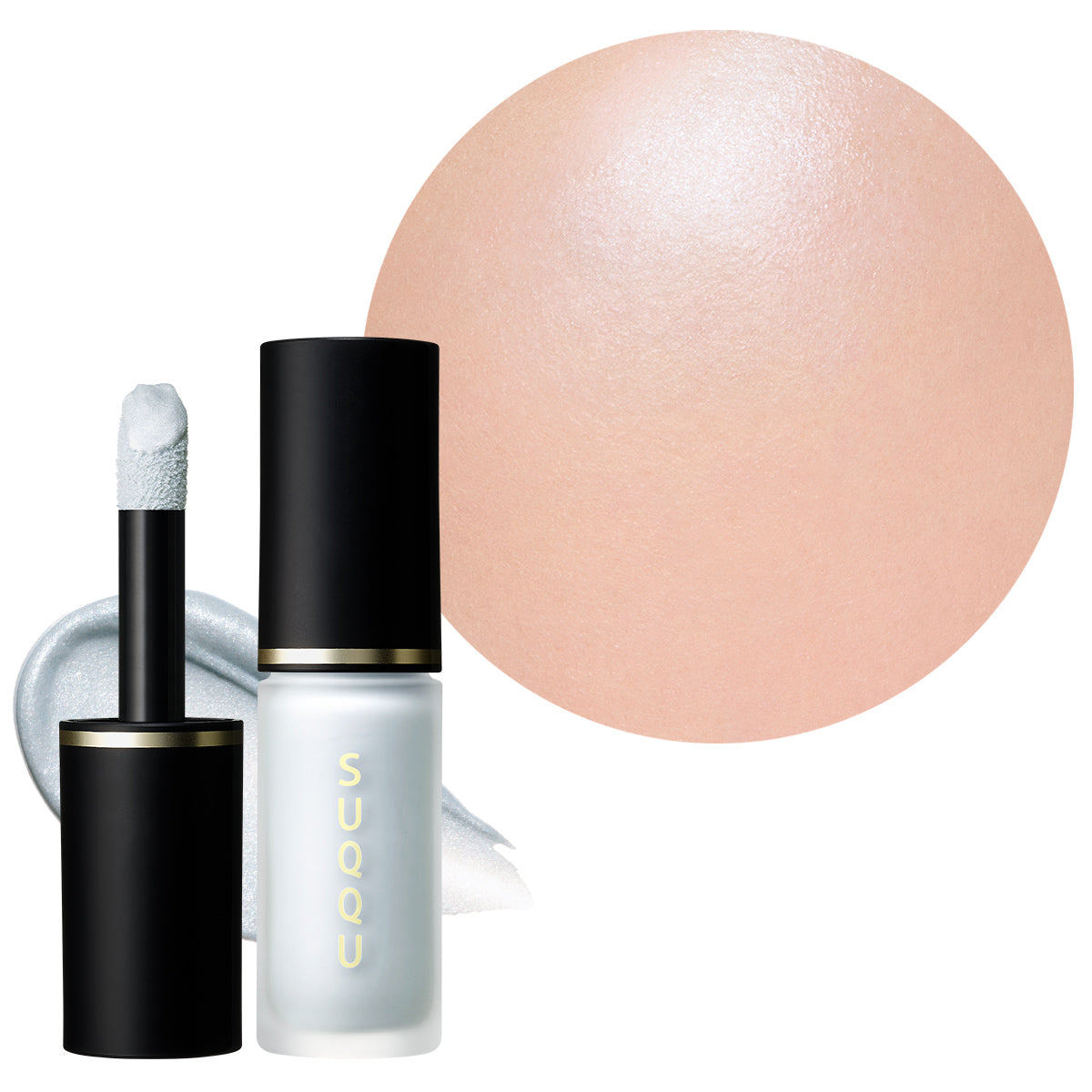 SUQQU Complexion Face Color 102 gorgeous pale blue liquid cheek blusher tube with cap off and applicator wand displayed. Shown with colour swatch texture and model wear cheek close up. 