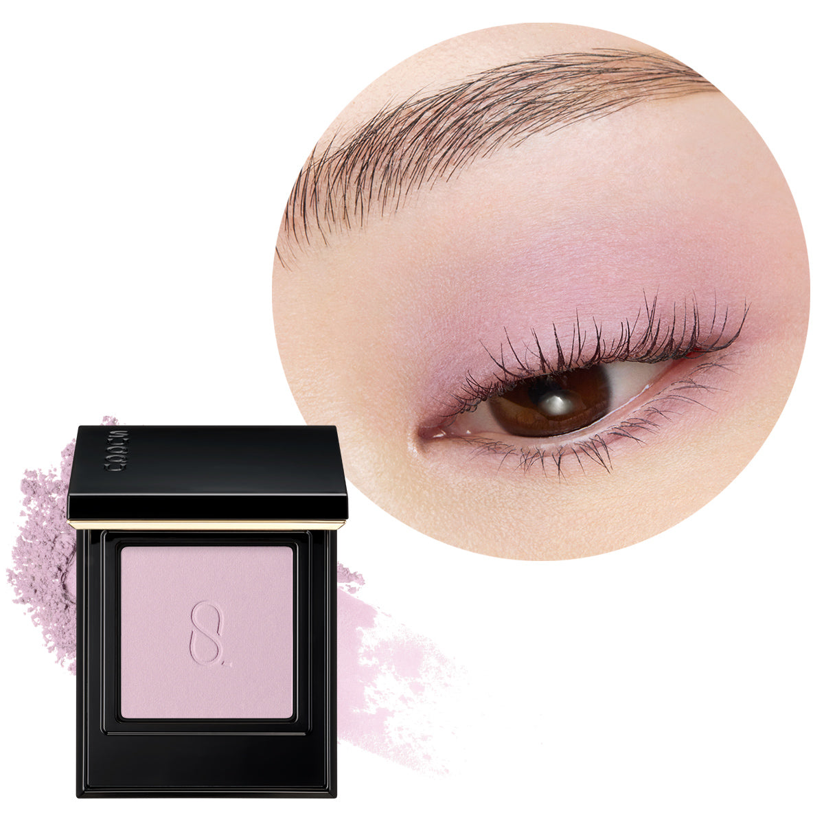 SUQQU Mono Look Eyes M101 matte pale purple single colour eyeshadow palette open with colour texture swatch and model eye wear close up focus.