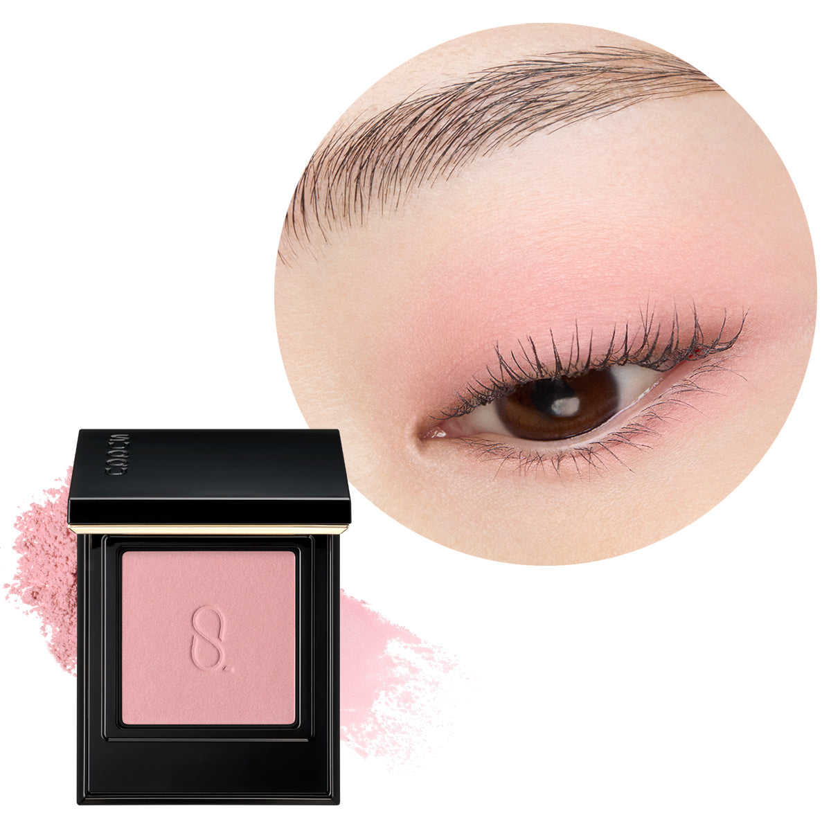 SUQQU Mono Look Eyes M102 matte pink single colour eyeshadow palette open with colour texture swatch and model eye wear close up focus.