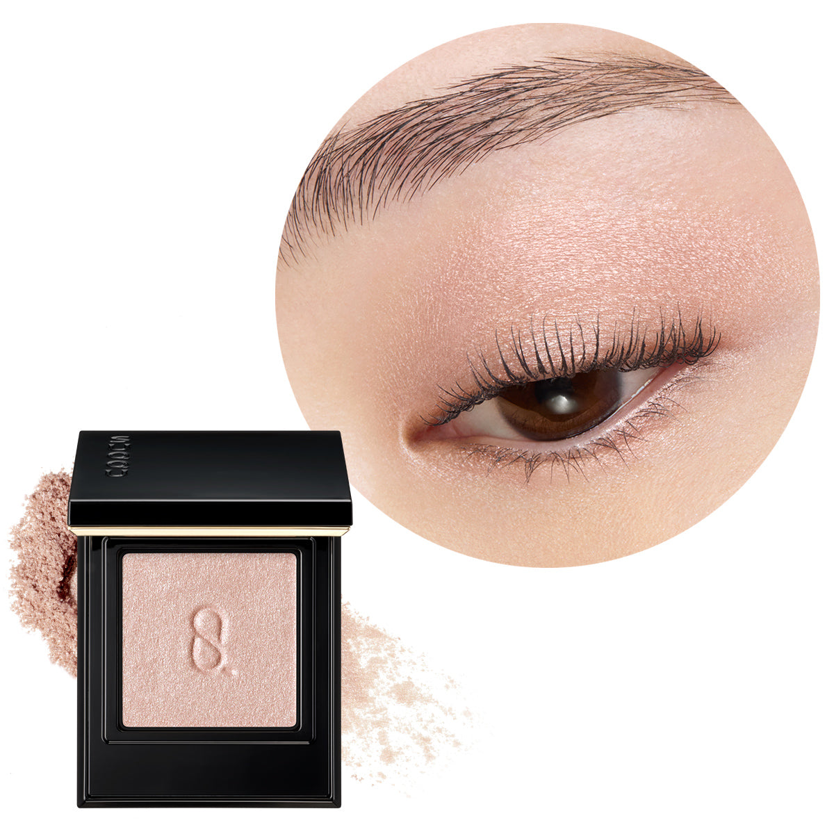 SUQQU Mono Look Eyes S102 pale pink shimmer single colour eyeshadow palette open with colour texture swatch and model eye wear close up focus.
