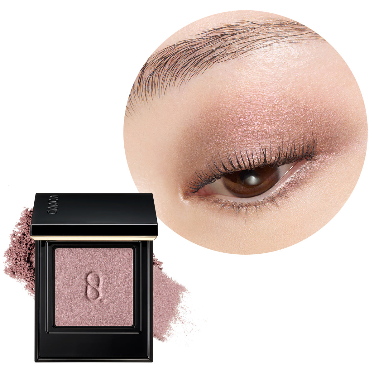 SUQQU Mono Look Eyes S103 smoky beige pink shimmer single colour eyeshadow palette open with colour texture swatch and model eye wear close up focus.