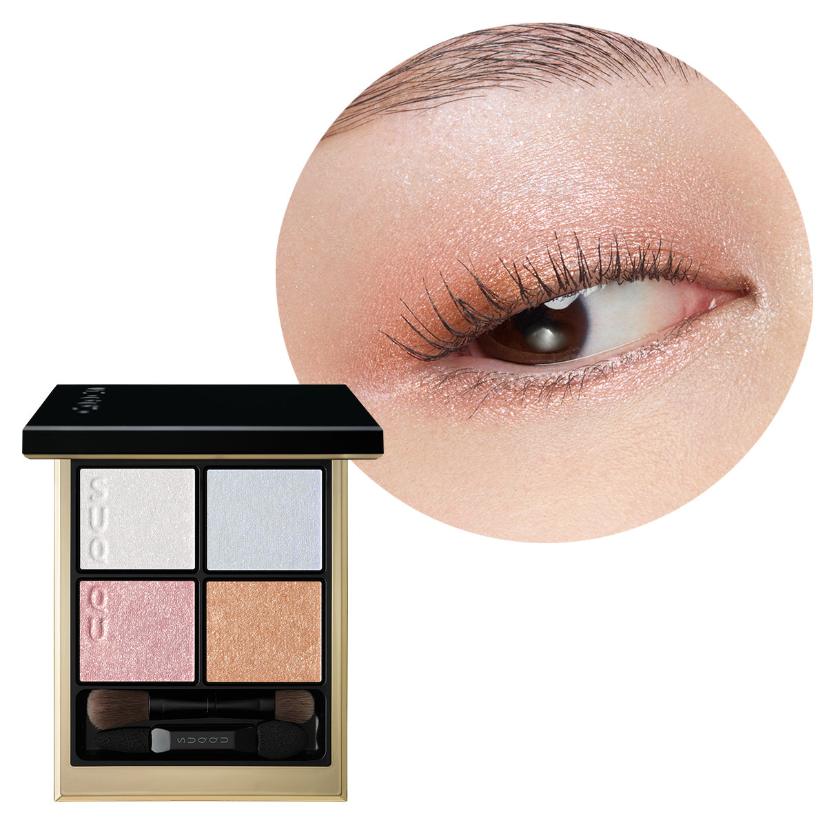 SUQQU Signature Color Eyes 156 luxury pearl pink and blue quad colour eyeshadow palette case open with model wear eye close up focus.