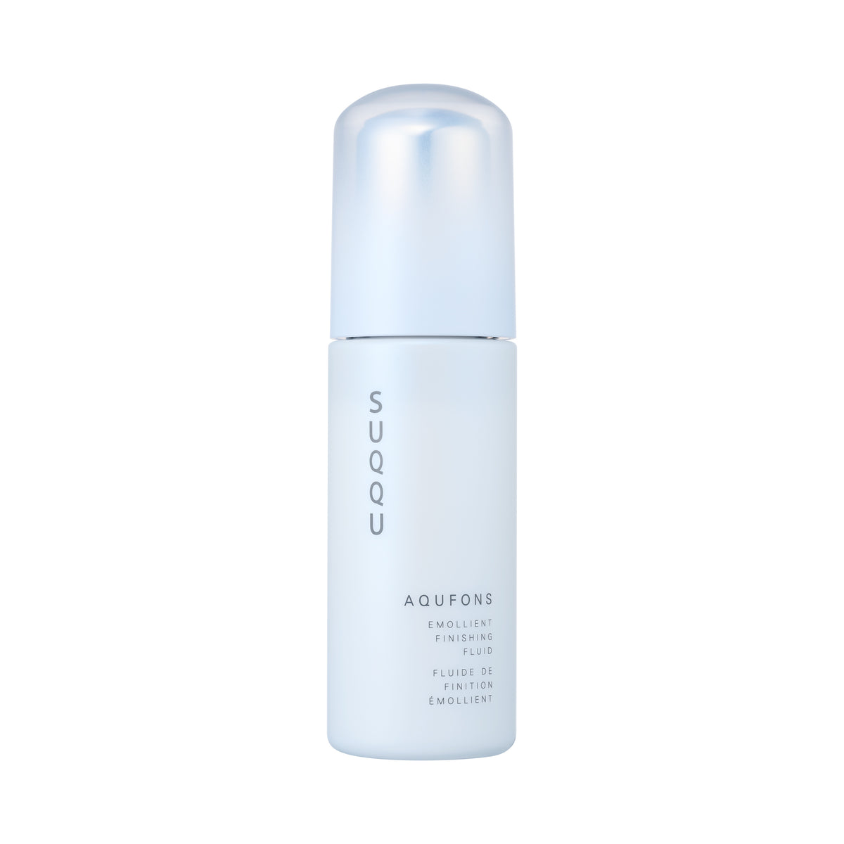 Aqufons Emollient Finishing Fluid skincare moisturiser pump bottle on white background. Features Aqufons Complex with botanical skincare ingredients and antioxidants, designed for anti-glycation to protect collagen and improve the glow of dull looking skin. By SUQQU, Premier Japanese Skincare brand.