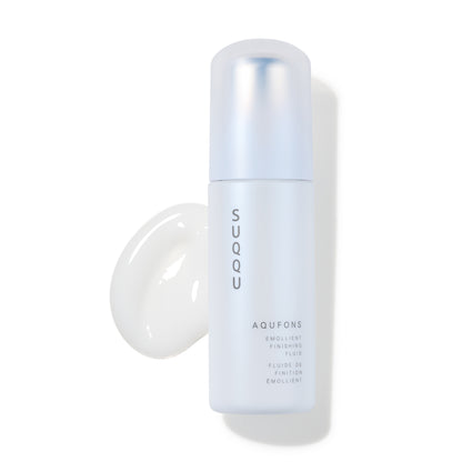 Aqufons Emollient Finishing Fluid skincare moisturiser pump bottle on white background with milky texture swatch. Features Aqufons Complex with botanical skincare ingredients and antioxidants, designed for anti-glycation to protect collagen and improve the glow of dull looking skin. By SUQQU, Premier Japanese Skincare brand.