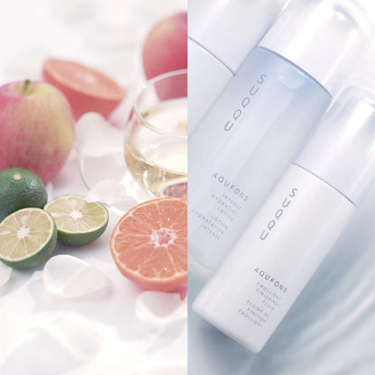SUQQU Aqufons Intense Hydrating Lotion and Aqufons Emollient Finishing Fluid skincare moisturiser pump bottles next to image of natural scent ingredients.