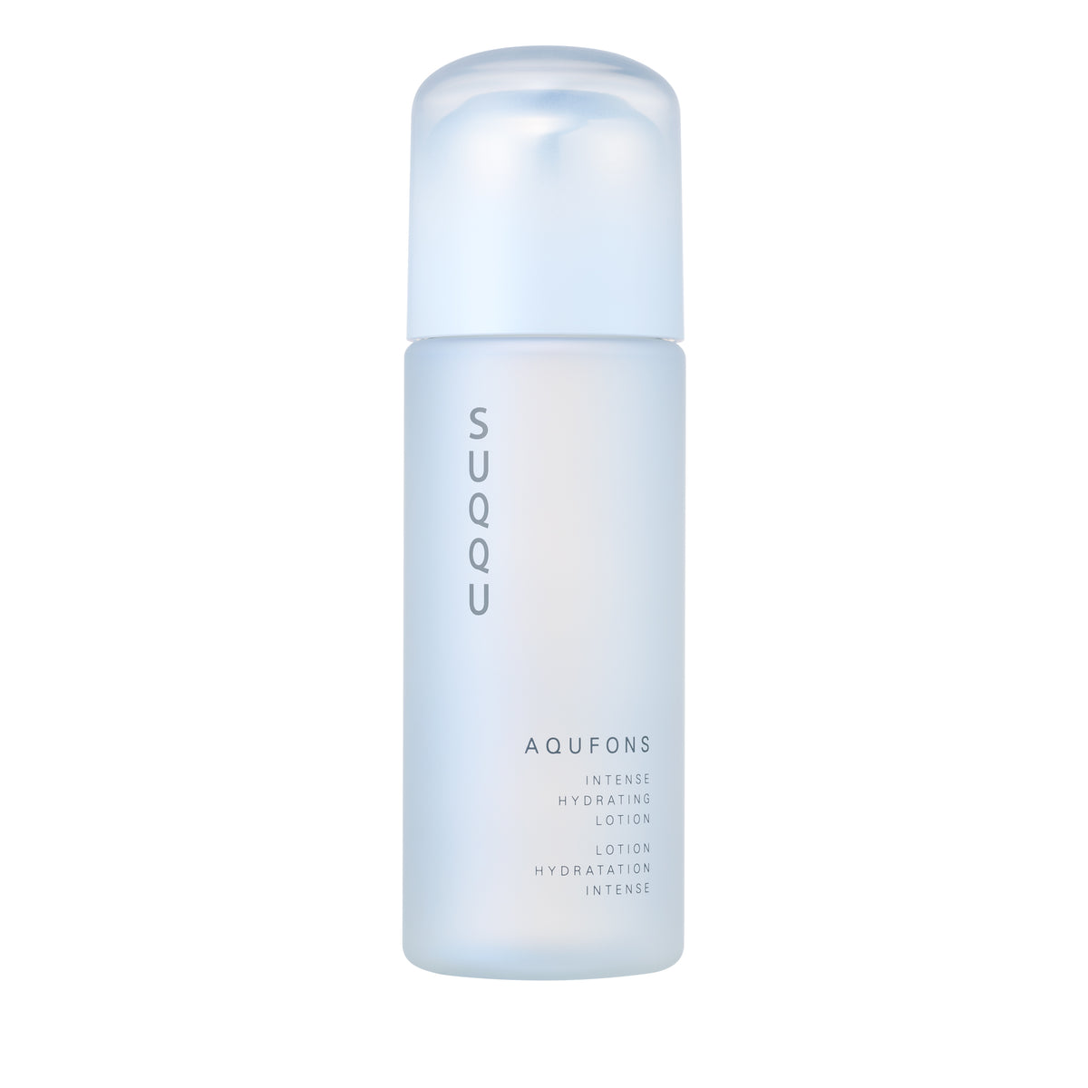 Aqufons Intense Hydrating Lotion skincare moisturiser pump bottle on white background. Features Aqufons Complex with botanical skincare ingredients and antioxidants, designed for anti-glycation to protect collagen and improve the glow of dull looking skin. By SUQQU, Premier Japanese Skincare brand.