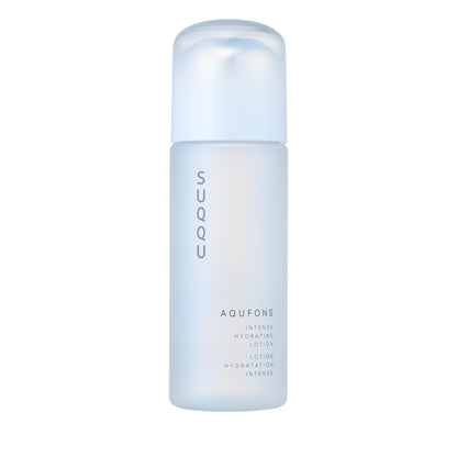 Aqufons Intense Hydrating Lotion skincare moisturiser pump bottle on white background. Features Aqufons Complex with botanical skincare ingredients and antioxidants, designed for anti-glycation to protect collagen and improve the glow of dull looking skin. By SUQQU, Premier Japanese Skincare brand.