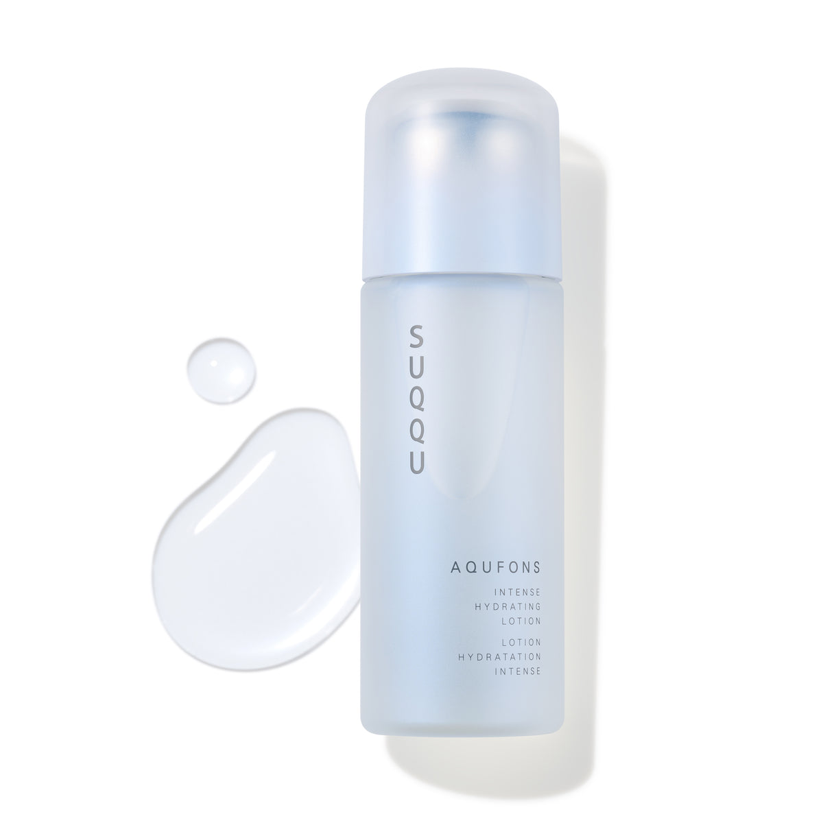 Aqufons Intense Hydrating Lotion skincare moisturiser pump bottle on white background and light liquid texture swatch. Features Aqufons Complex with botanical skincare ingredients and antioxidants, designed for anti-glycation to protect collagen and improve the glow of dull looking skin. By SUQQU, Premier Japanese Skincare brand.
