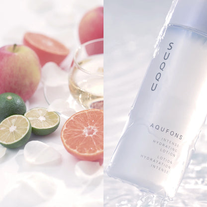 SUQQU Aqufons Intense Hydrating Lotion skincare moisturiser pump bottle in water next to image of natural scent ingredients.