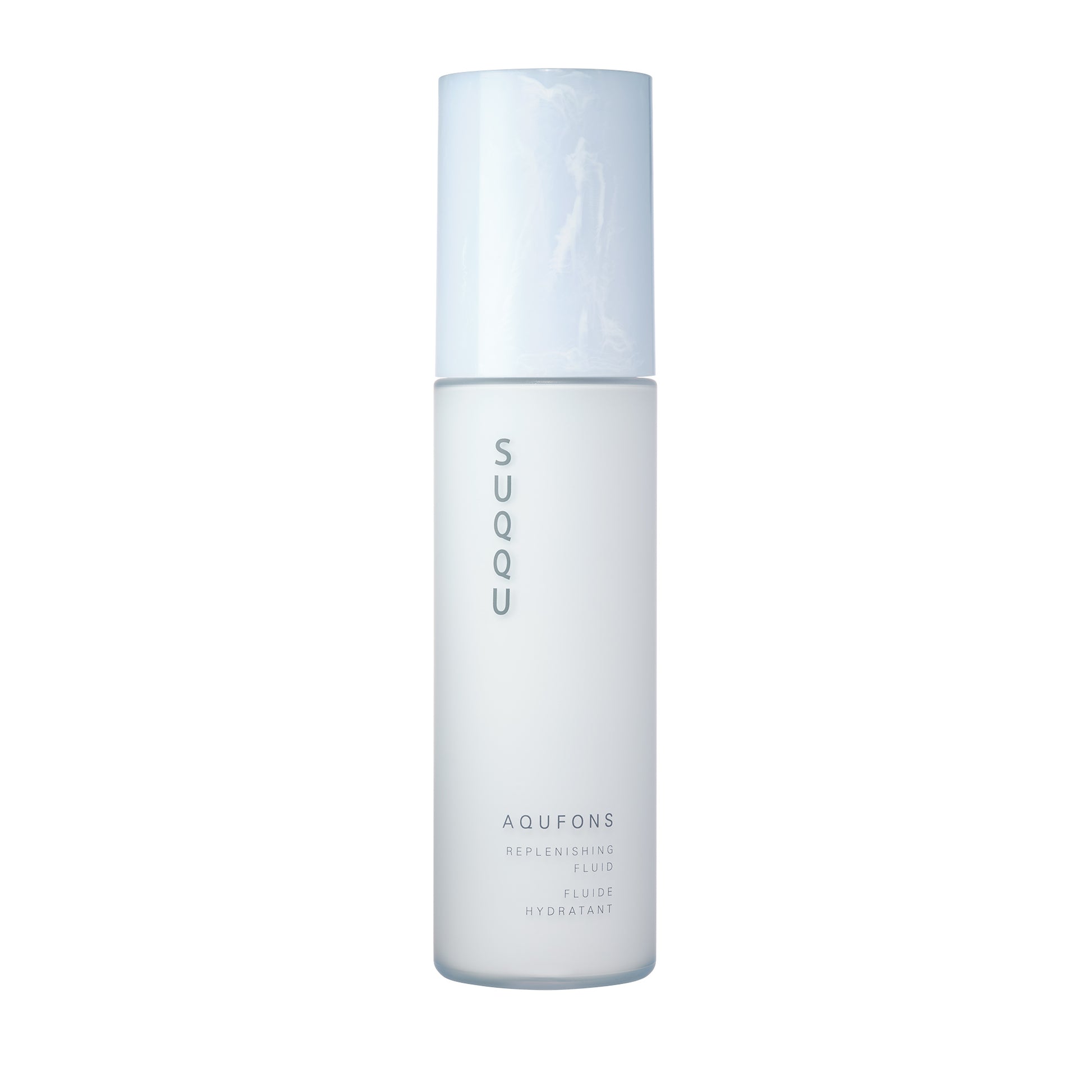 SUQQU Aqufons Replenishing Fluid luxury Japanese anti-aging moisturiser skincare product bottle on plain background.