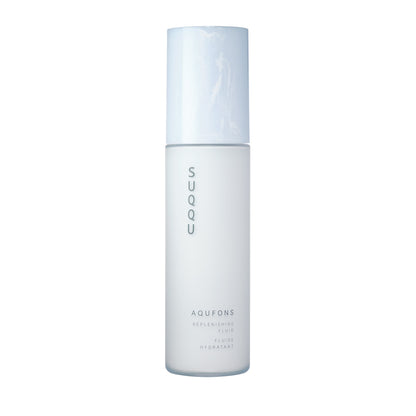 SUQQU Aqufons Replenishing Fluid luxury Japanese anti-aging moisturiser skincare product bottle on plain background.