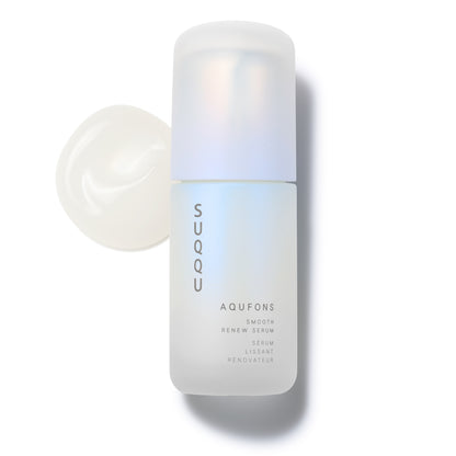 SUQQU Aqufons Smooth Renew Serum luxury Japanese skincare product with texture swatch on a plain background.