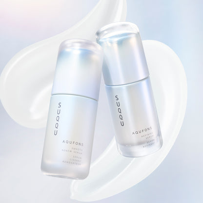SUQQU Aqufons Smooth Renew Serum and Aqufons Refining Serum skincare moisturiser pump bottles on blue background with cream texture swatches.