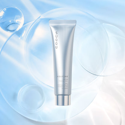 SUQQU Aqufons Water Tuning Gel anti-glycation Japanese skincare moisturising tube product on bubble background.
