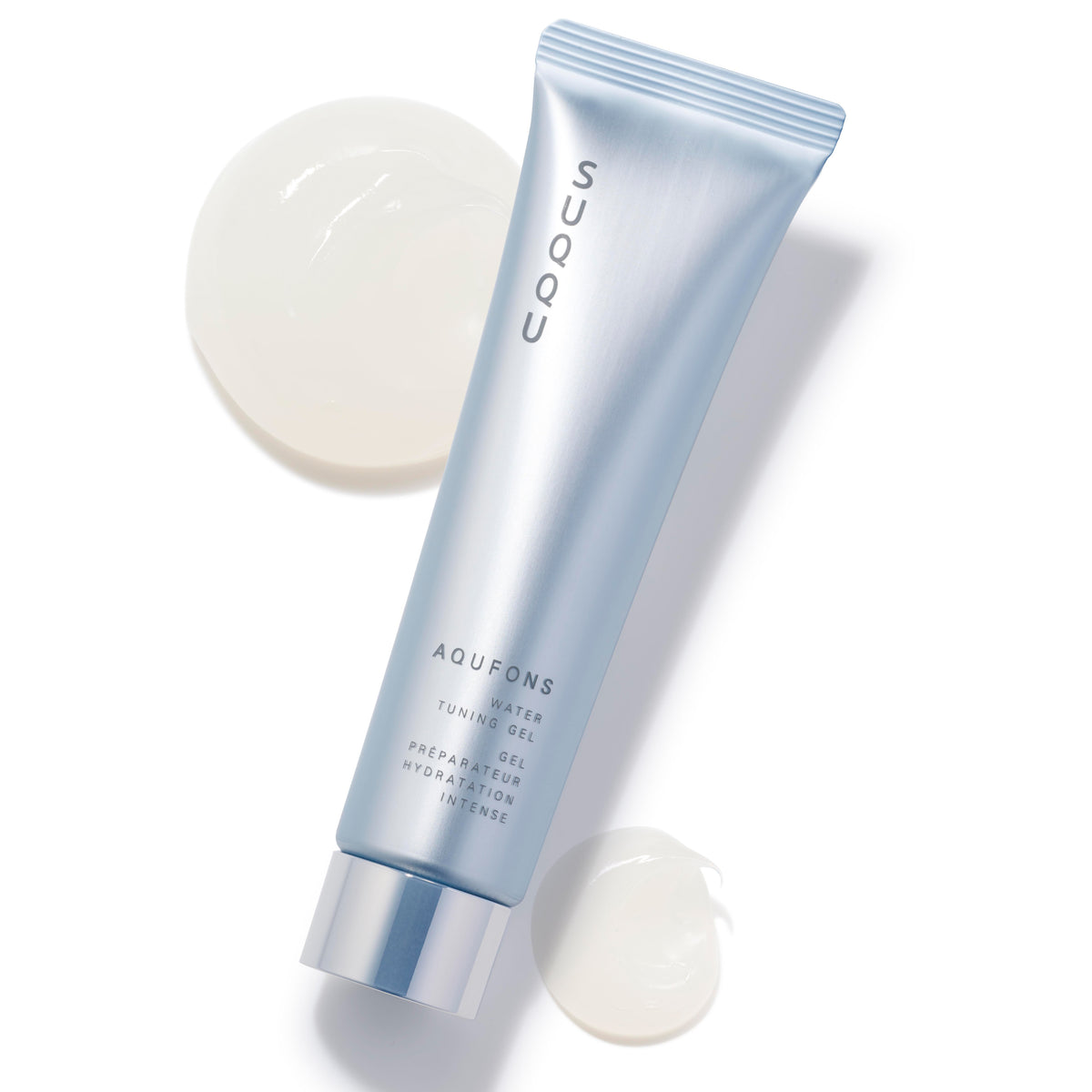 Aqufons Water Tuning Gel skincare moisturiser tube on white background with gel texture swatches. Features Aqufons Complex with botanical skincare ingredients and antioxidants. Anti-gycation and autophagy face mask in a tube designed to protect collagen and keratin to improve the glow of dull looking skin. By SUQQU, Premier Japanese Skincare brand.