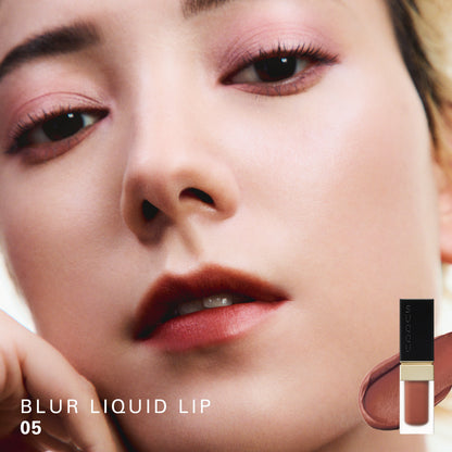 SUQQU Blur Liquid Lip 05 colour swatch shown on portrait of model wearing make up.