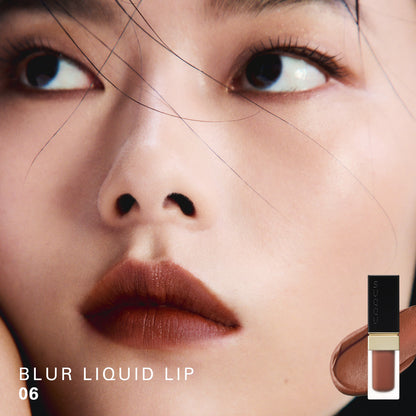 SUQQU Blur Liquid Lip 06 colour swatch shown on portrait of model wearing make up.