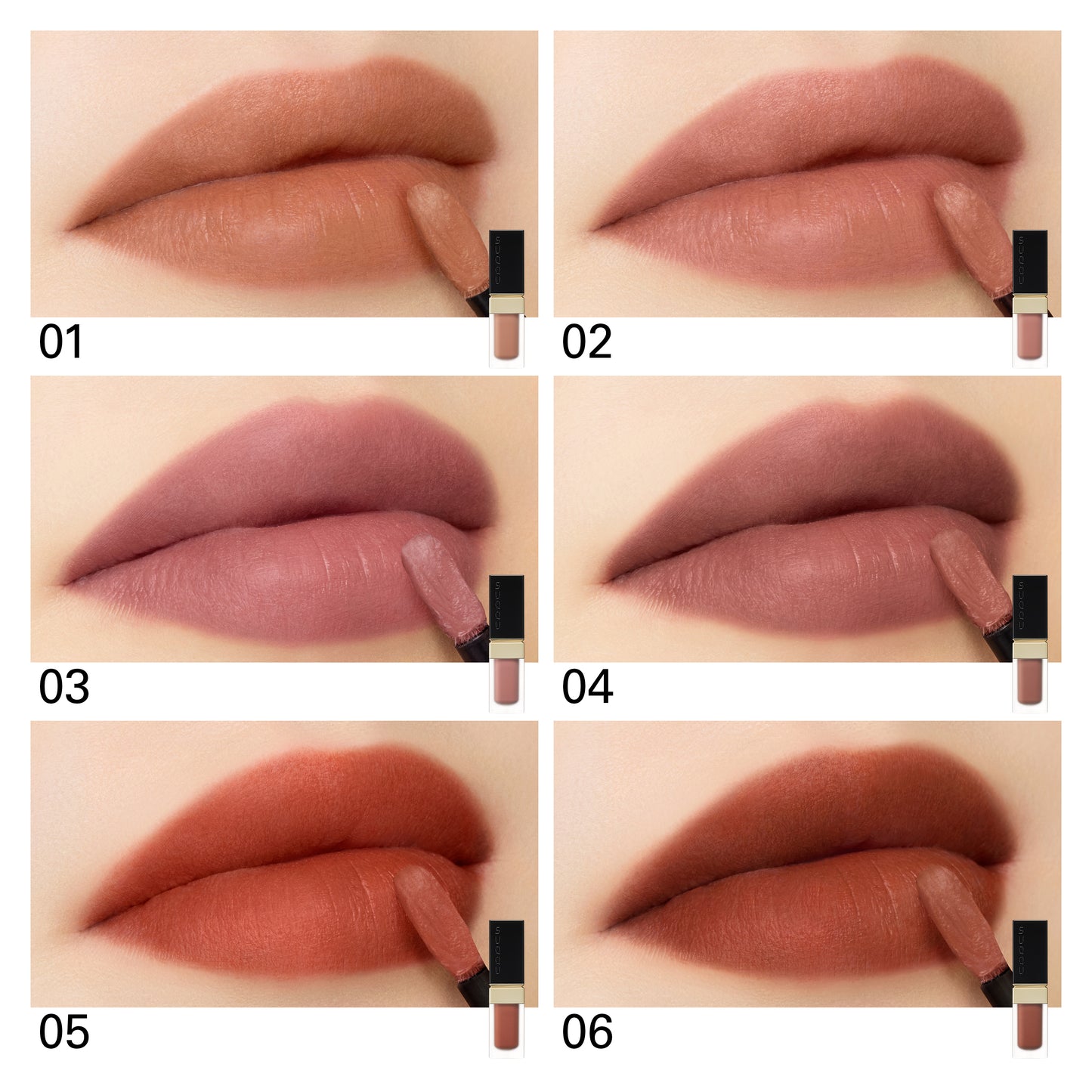 SUQQU Blur Liquid Lip 01-06 colour swatch on lips close up.