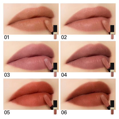 SUQQU Blur Liquid Lip 01-06 colour swatch on lips close up.