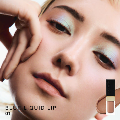 SUQQU Blur Liquid Lip 01 colour swatch shown on portrait of model wearing make up.