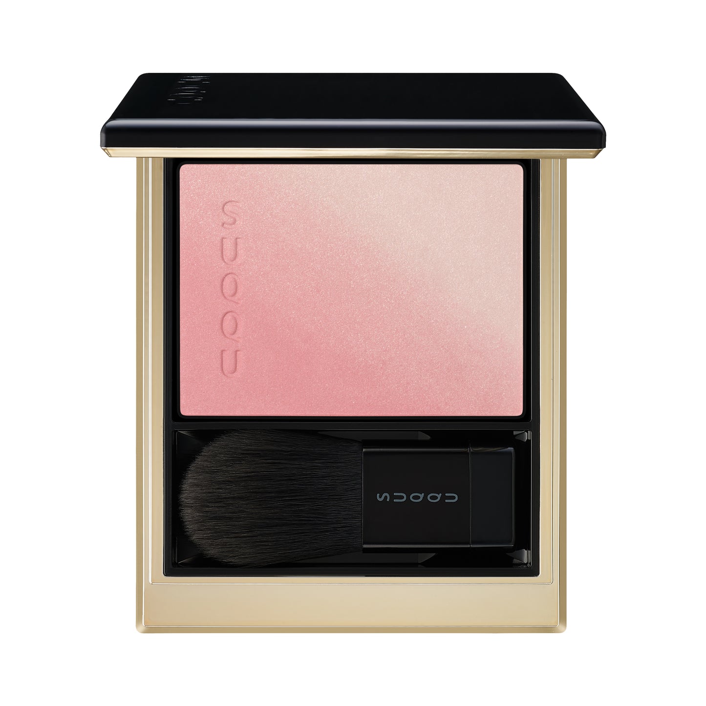 SUQQU Blurring Color Blush 01 Pink Coral duo-tone luxury creamy Japanese make up blusher palette open on plain background.