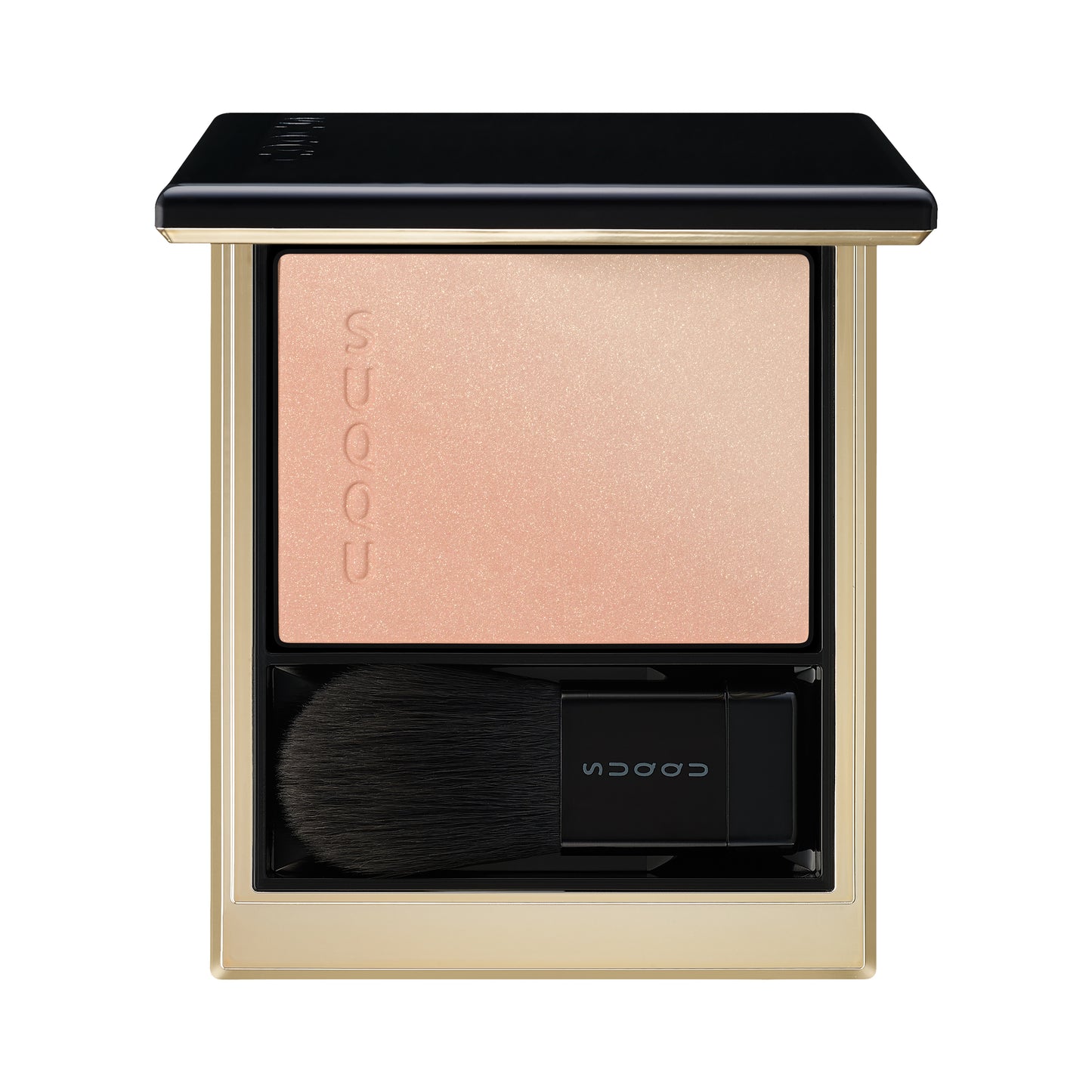 SUQQU Blurring Color Blush 02 Beige gold duo-tone luxury creamy Japanese make up blusher palette open on plain background.