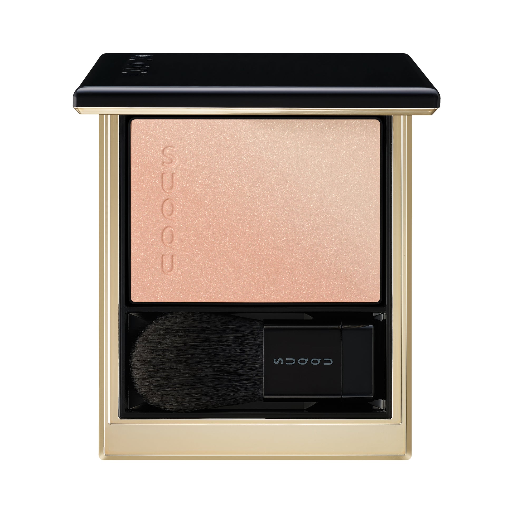 SUQQU Blurring Color Blush 02 Beige gold duo-tone luxury creamy Japanese make up blusher palette open on plain background.
