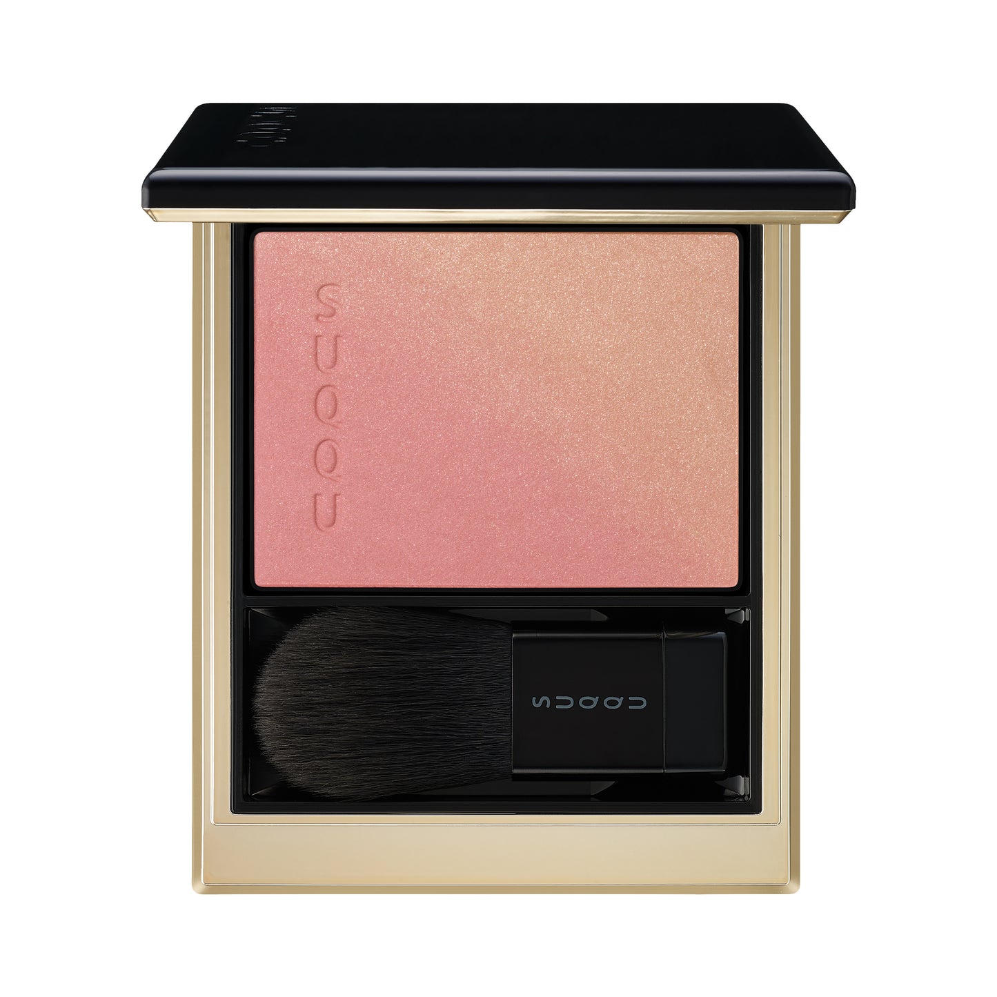 SUQQU Blurring Color Blush 03 Pink Orange duo-tone luxury creamy Japanese make up blusher palette open on plain background.