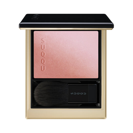 SUQQU Blurring Color Blush 07 palette open with gorgeous reddish pink blusher and sheer pink highlighter. The best quality creamy powder blusher makeup palettes from Japan.