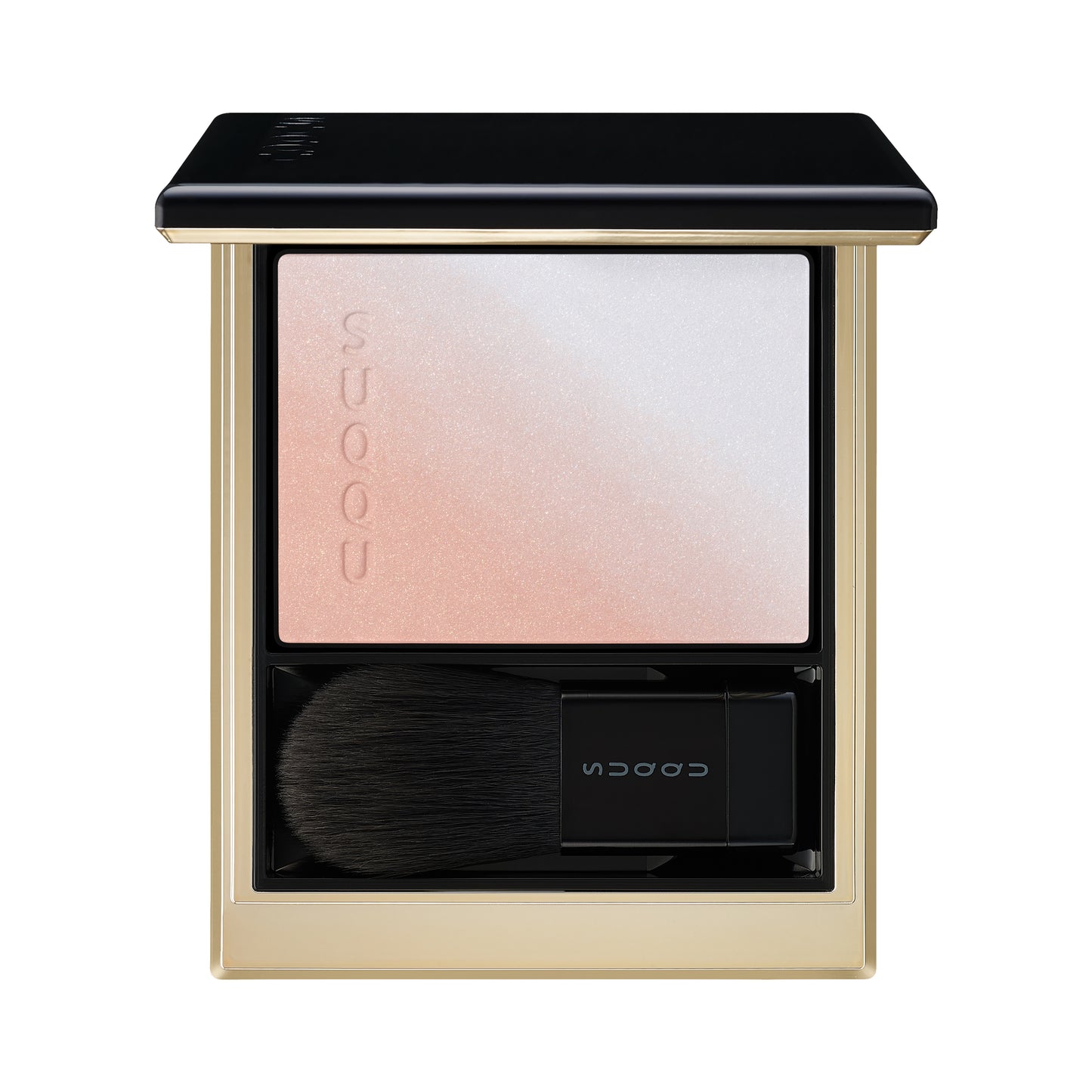 SUQQU Blurring Color Blush 101 Pale Blue Coral duo-tone luxury creamy Japanese make up blusher palette open on plain background.