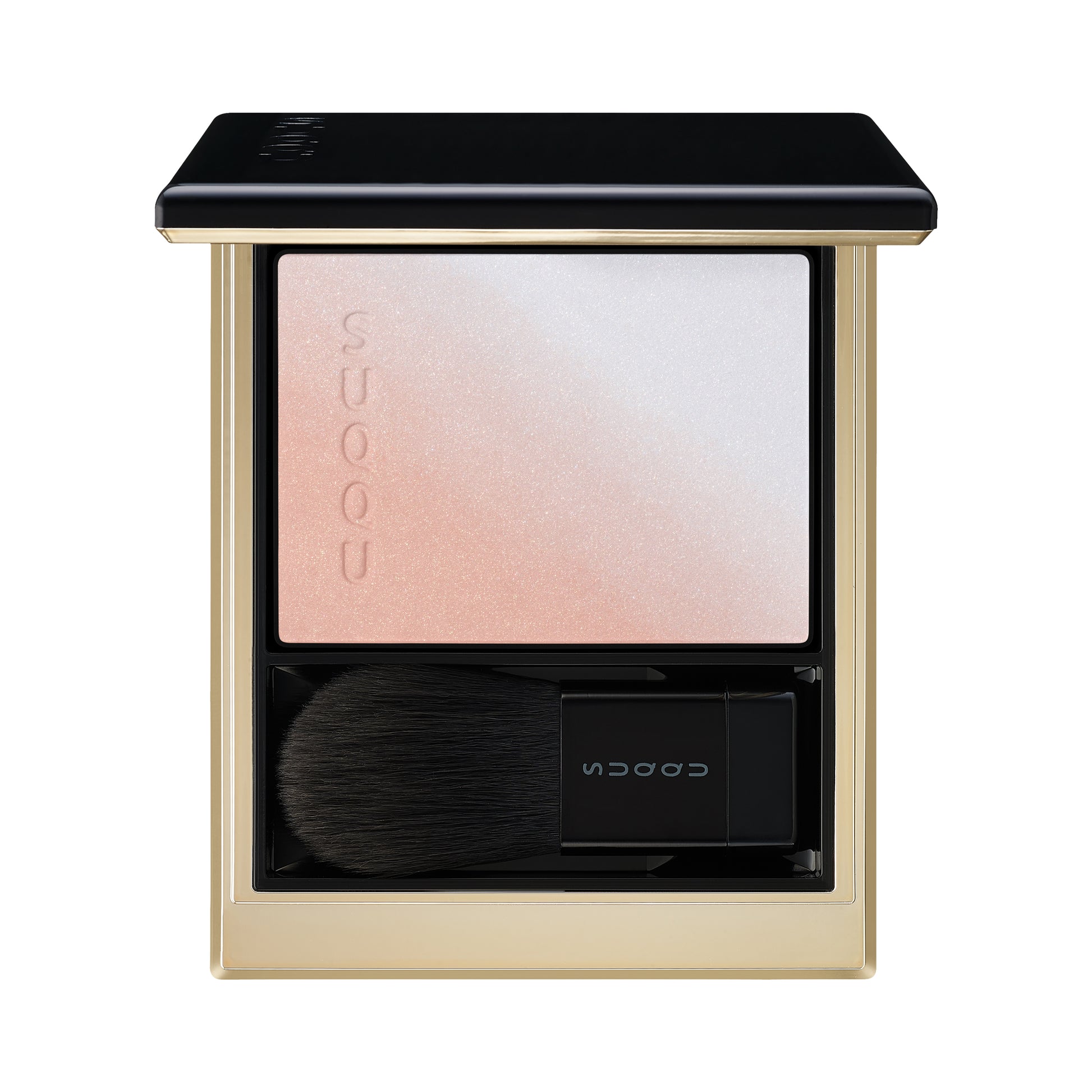 SUQQU Blurring Color Blush 101 Pale Blue Coral duo-tone luxury creamy Japanese make up blusher palette open on plain background.